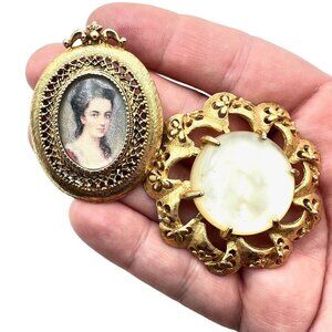 Florenza Womens Brooches Gold Tone Metal Cameo Picture Vintage Lot of 2